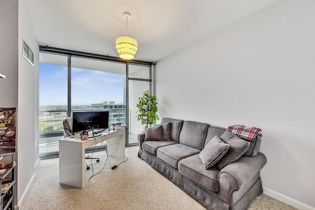 carpeted office space featuring floor to ceiling windows