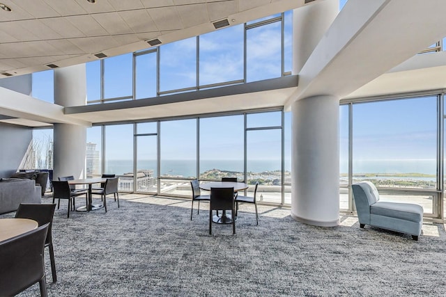 living room featuring plenty of natural light, a water view, and carpet flooring