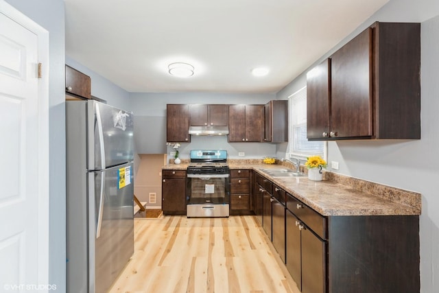 kitchen with sink, dark brown cabinets, light hardwood / wood-style floors, and stainless steel appliances