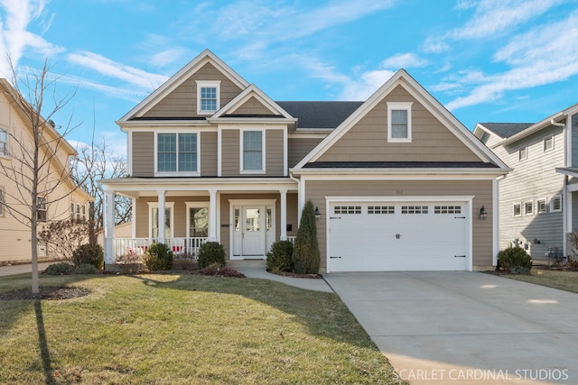 craftsman-style home with a porch and a front yard