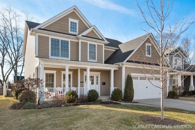 view of front of home with a porch, a garage, and a front lawn