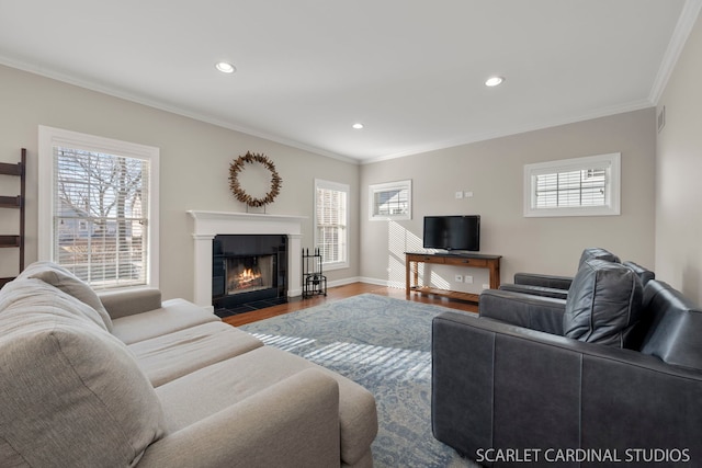 living room featuring hardwood / wood-style flooring, plenty of natural light, and ornamental molding