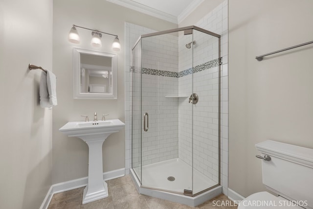 bathroom featuring walk in shower, ornamental molding, toilet, and tile patterned flooring