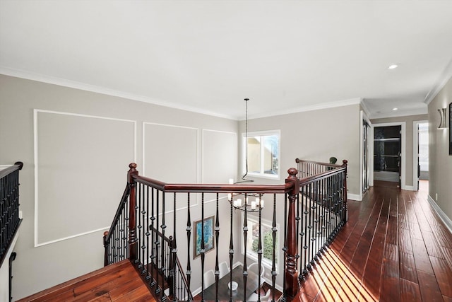 hallway featuring dark wood-type flooring, ornamental molding, and a chandelier