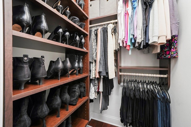 walk in closet with hardwood / wood-style floors