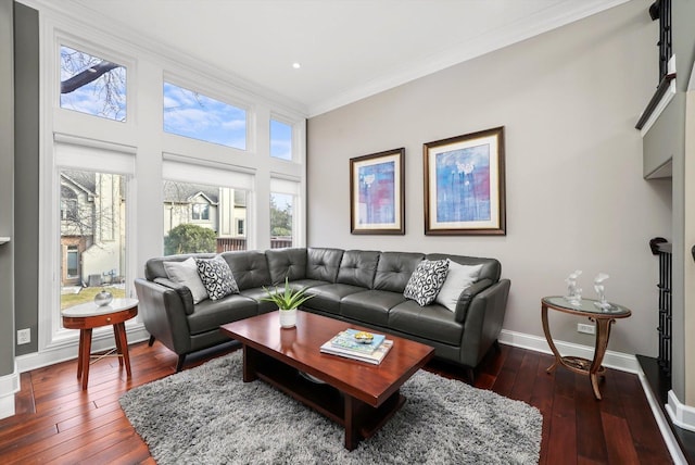 living room featuring ornamental molding and dark wood-type flooring