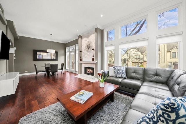 living room with ornamental molding and wood-type flooring