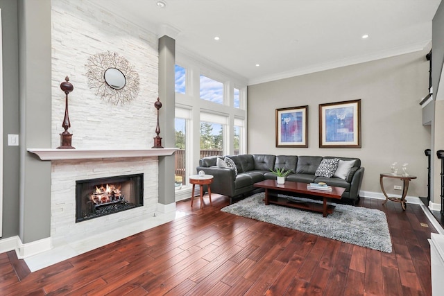 living room with ornamental molding, wood-type flooring, and a stone fireplace