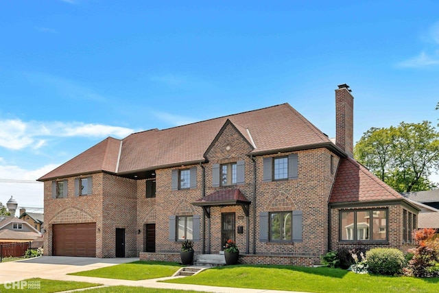 view of front facade with a garage and a front lawn