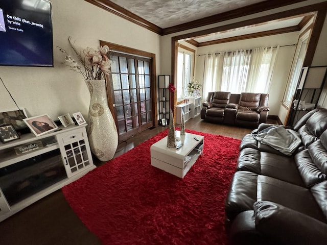 living room featuring hardwood / wood-style flooring and ornamental molding