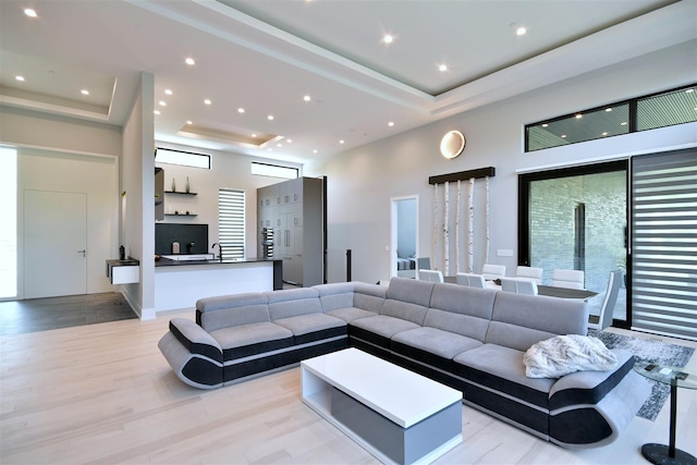 living room featuring sink, a high ceiling, light hardwood / wood-style flooring, and a tray ceiling