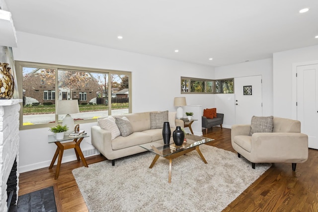 living room with wood-type flooring and a stone fireplace