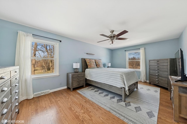 bedroom with ceiling fan and light wood-type flooring