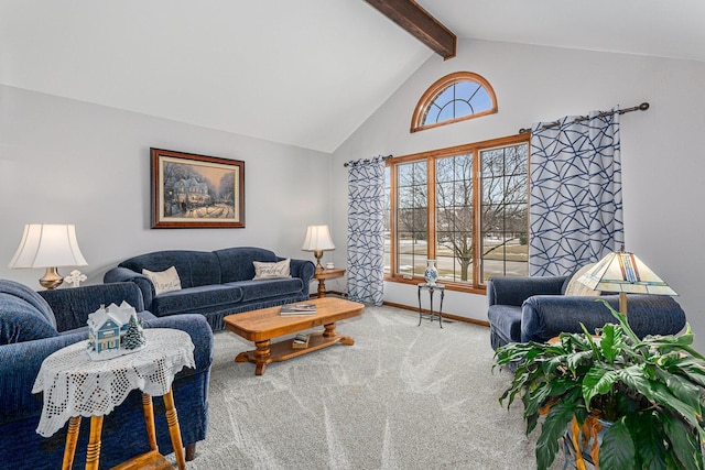 living room featuring carpet flooring and vaulted ceiling with beams