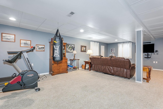 workout room featuring carpet flooring