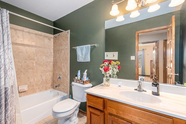 full bathroom featuring vanity, toilet, shower / tub combo with curtain, and tile patterned flooring