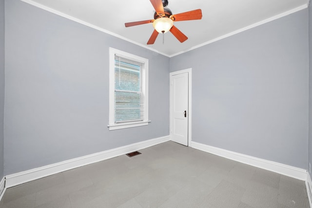 unfurnished room with crown molding and ceiling fan