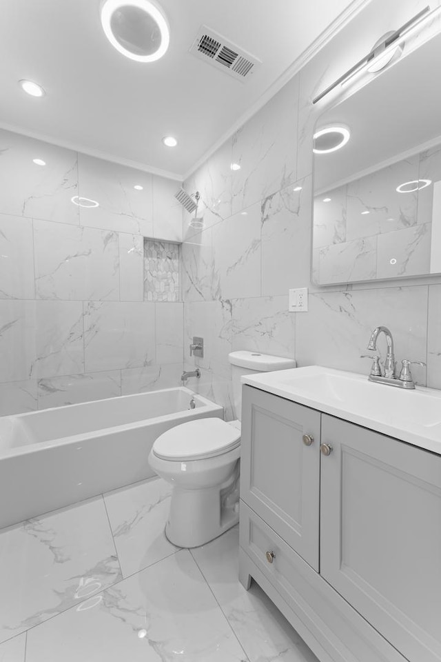 full bathroom with toilet, crown molding, tile walls, shower / bathtub combination, and vanity