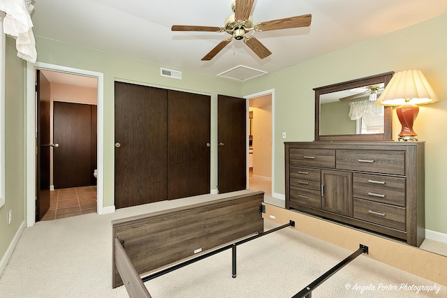 bedroom with ceiling fan and carpet