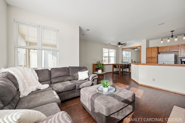 living room featuring dark wood-type flooring