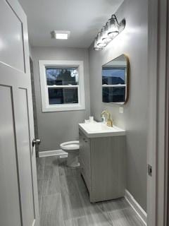 bathroom with vanity, wood-type flooring, and toilet