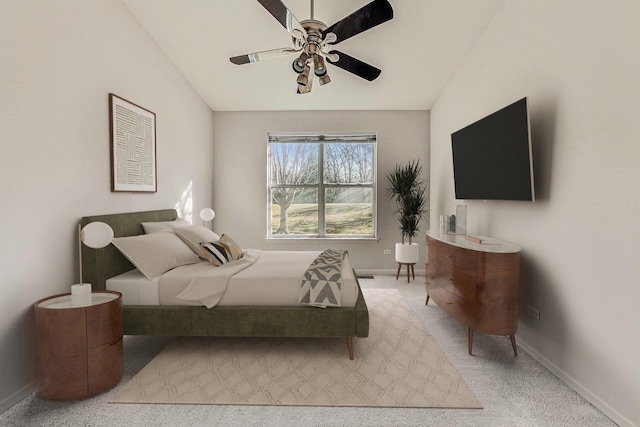 bedroom with ceiling fan and vaulted ceiling