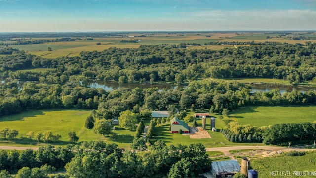 bird's eye view with a water view and a rural view