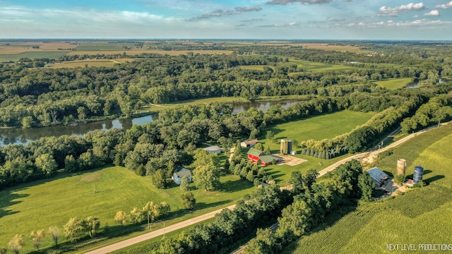 aerial view featuring a water view and a rural view