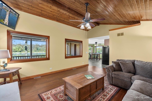 living room featuring wood ceiling, ceiling fan, dark hardwood / wood-style floors, and lofted ceiling