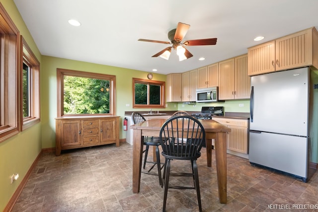 kitchen with light brown cabinetry, sink, appliances with stainless steel finishes, and ceiling fan