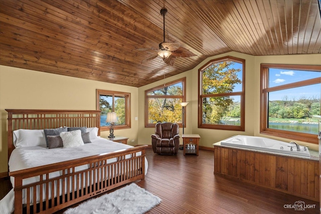 bedroom featuring ceiling fan, dark wood-type flooring, a water view, wooden ceiling, and lofted ceiling