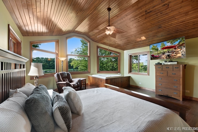 bedroom featuring ceiling fan, dark wood-type flooring, wood ceiling, and vaulted ceiling