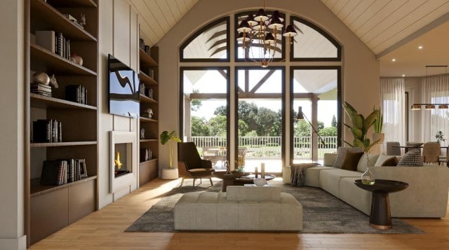 interior space with built in shelves, light wood-type flooring, and lofted ceiling