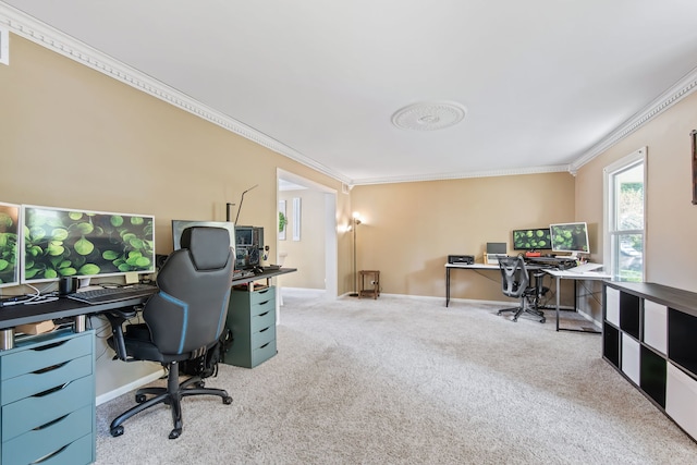 carpeted home office with ornamental molding