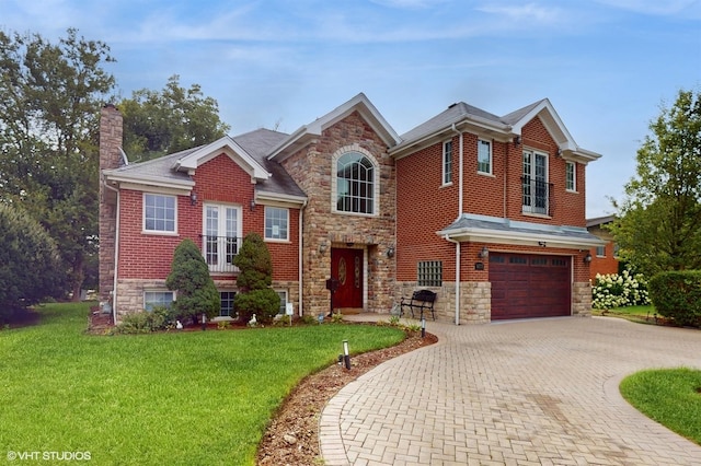 view of front of house with a garage and a front lawn