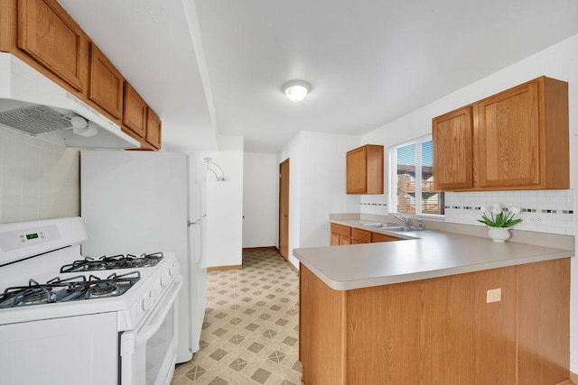 kitchen featuring sink, kitchen peninsula, and white gas range oven