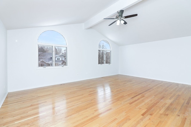 empty room with light hardwood / wood-style floors, ceiling fan, and vaulted ceiling with beams