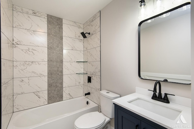 full bathroom with tiled shower / bath combo, toilet, and vanity