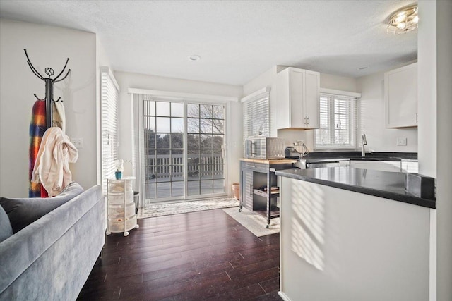 kitchen with dark wood-type flooring, sink, a textured ceiling, and white cabinets