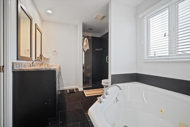 full bathroom featuring vanity, separate shower and tub, tile patterned floors, and toilet