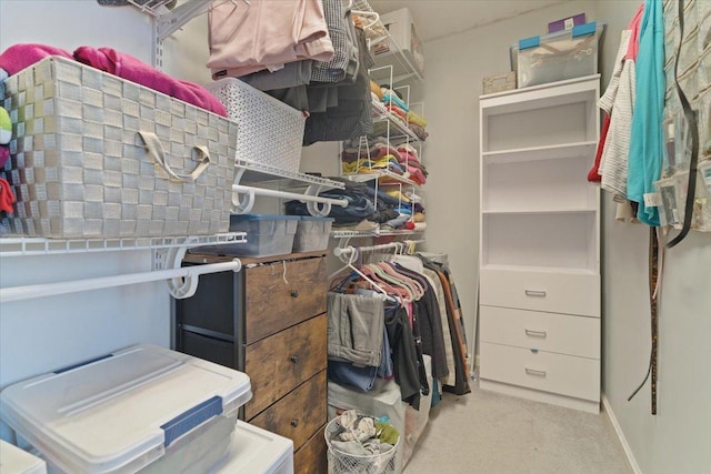 walk in closet featuring light carpet