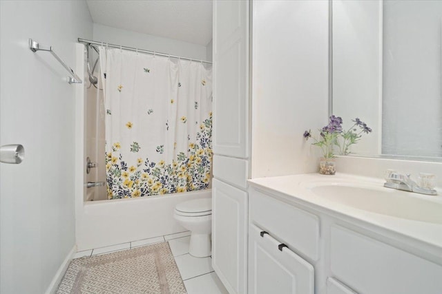 full bathroom with shower / bath combo, toilet, tile patterned floors, and vanity