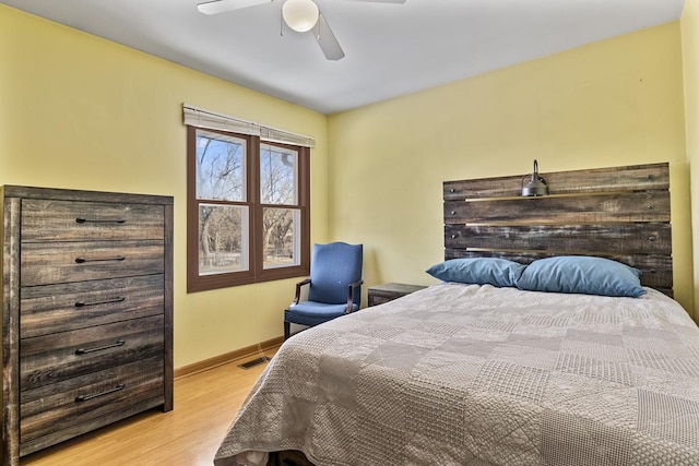 bedroom featuring light hardwood / wood-style floors and ceiling fan