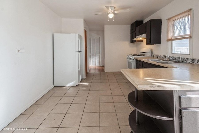 kitchen with kitchen peninsula, tile patterned floors, ceiling fan, sink, and white appliances