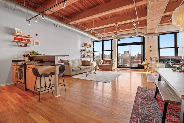 living room featuring wood ceiling, light hardwood / wood-style flooring, a towering ceiling, track lighting, and beamed ceiling