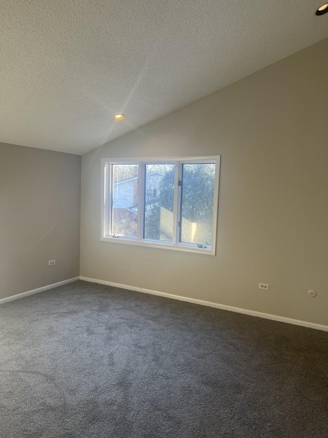 carpeted spare room with lofted ceiling and a textured ceiling