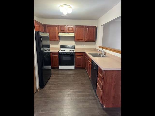1009 Symphony Dr, Aurora, IL 60504 - kitchen with black appliances, under cabinet range hood, a sink, light countertops, and dark wood-style flooring