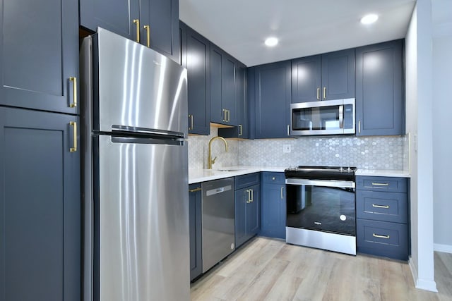 kitchen featuring sink, light hardwood / wood-style floors, appliances with stainless steel finishes, and tasteful backsplash