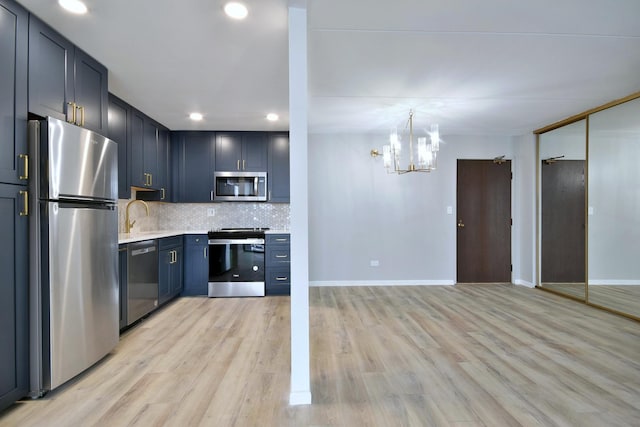 kitchen featuring pendant lighting, appliances with stainless steel finishes, light hardwood / wood-style floors, sink, and decorative backsplash