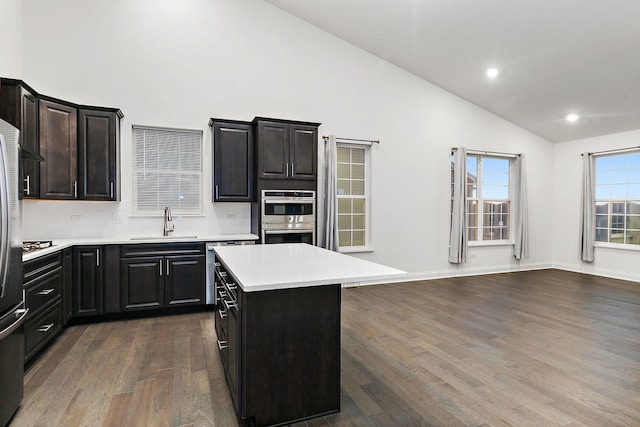 kitchen featuring sink, a kitchen island, high vaulted ceiling, dark hardwood / wood-style flooring, and stainless steel appliances